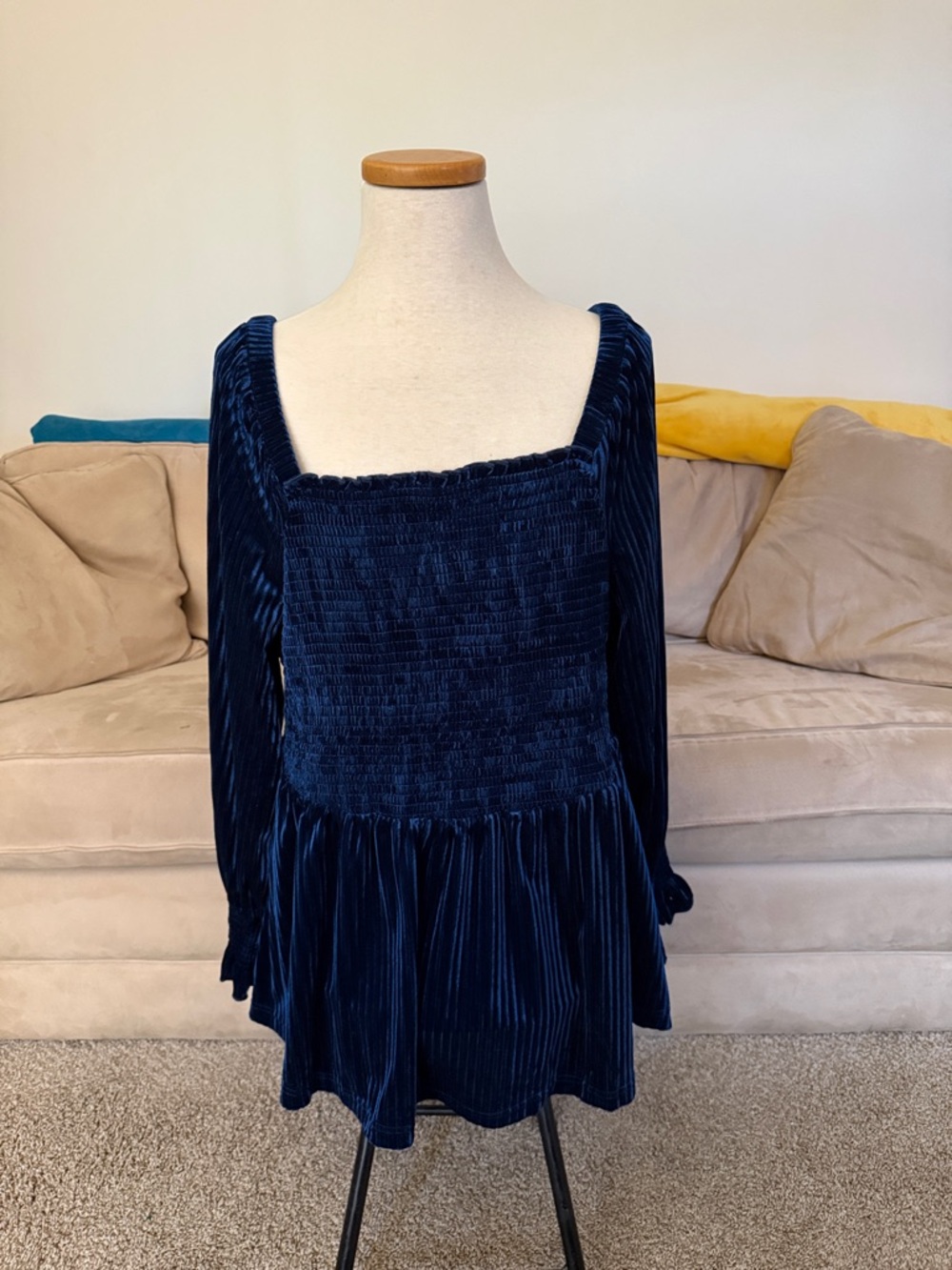 NWOT BloomChic Navy Blue Velvet Long-Sleeve Smocked Babydoll Top